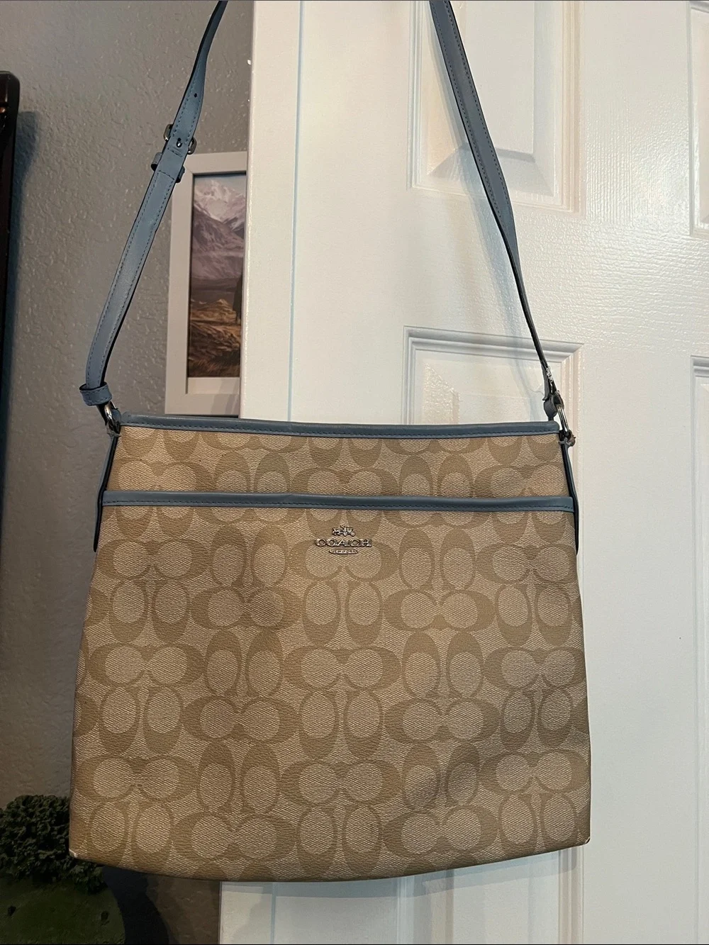 COACH File Crossbody Signature Coated Canvas Khaki Cornflower Blue 2017